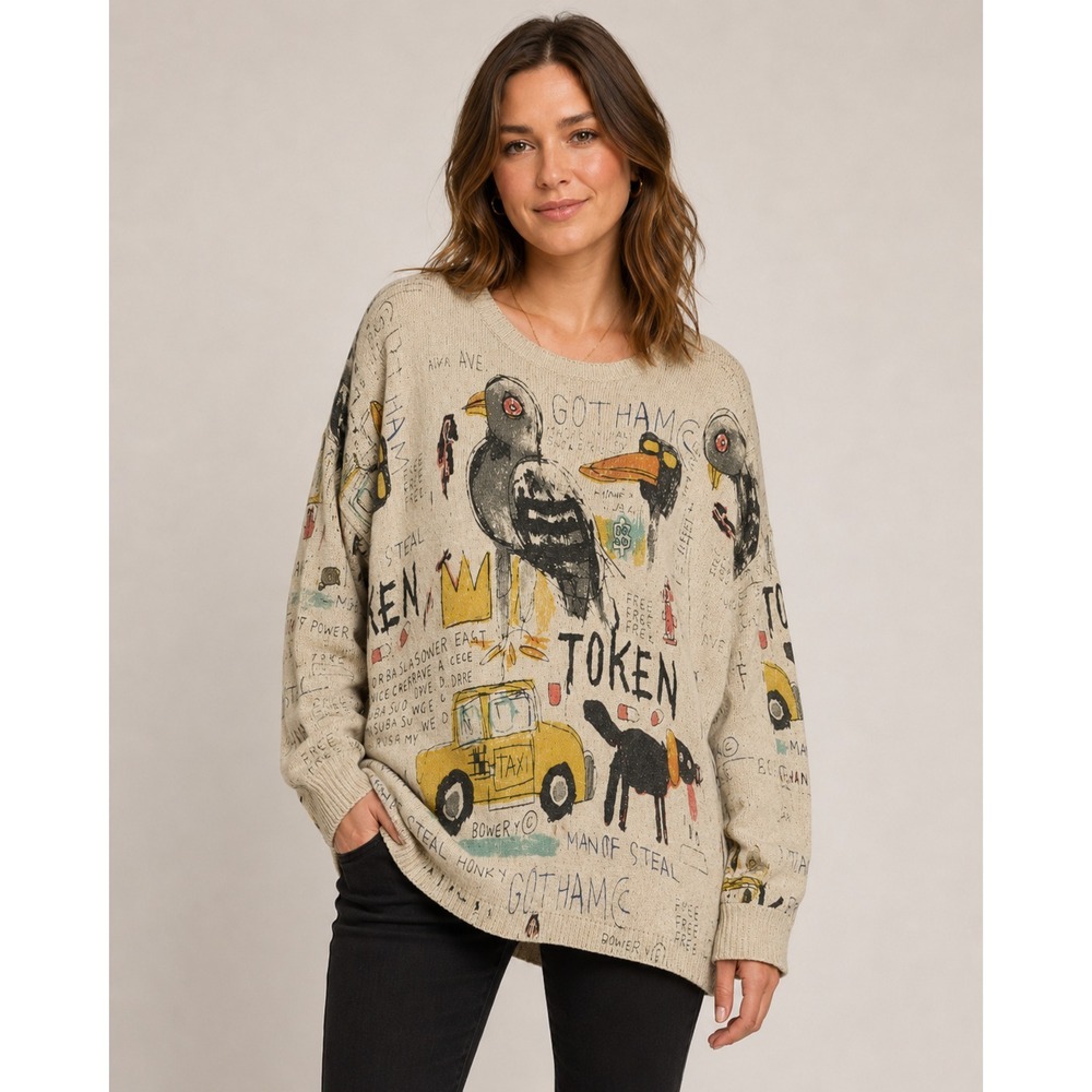 Ellazhu Womens Large Oversized Cropped Sweater Graphic Doodle Artsy Lagenlook